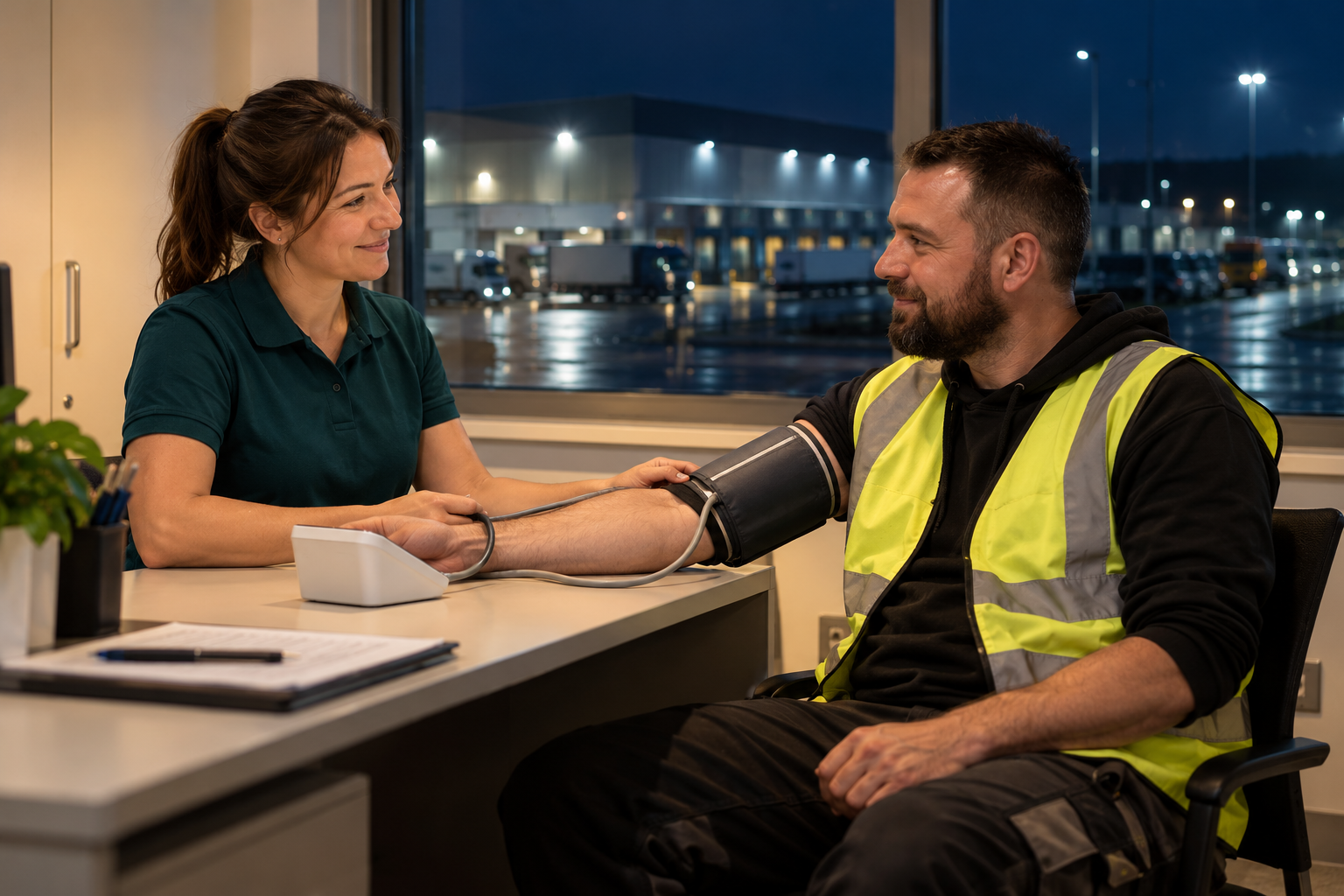 A wellbeing professional checking a night shift worker’s blood pressure with a lit distribution centre visible outside after dark