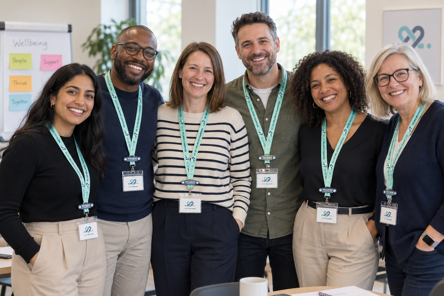 A diverse group of employees wearing We Are Wellbeing Champions lanyards